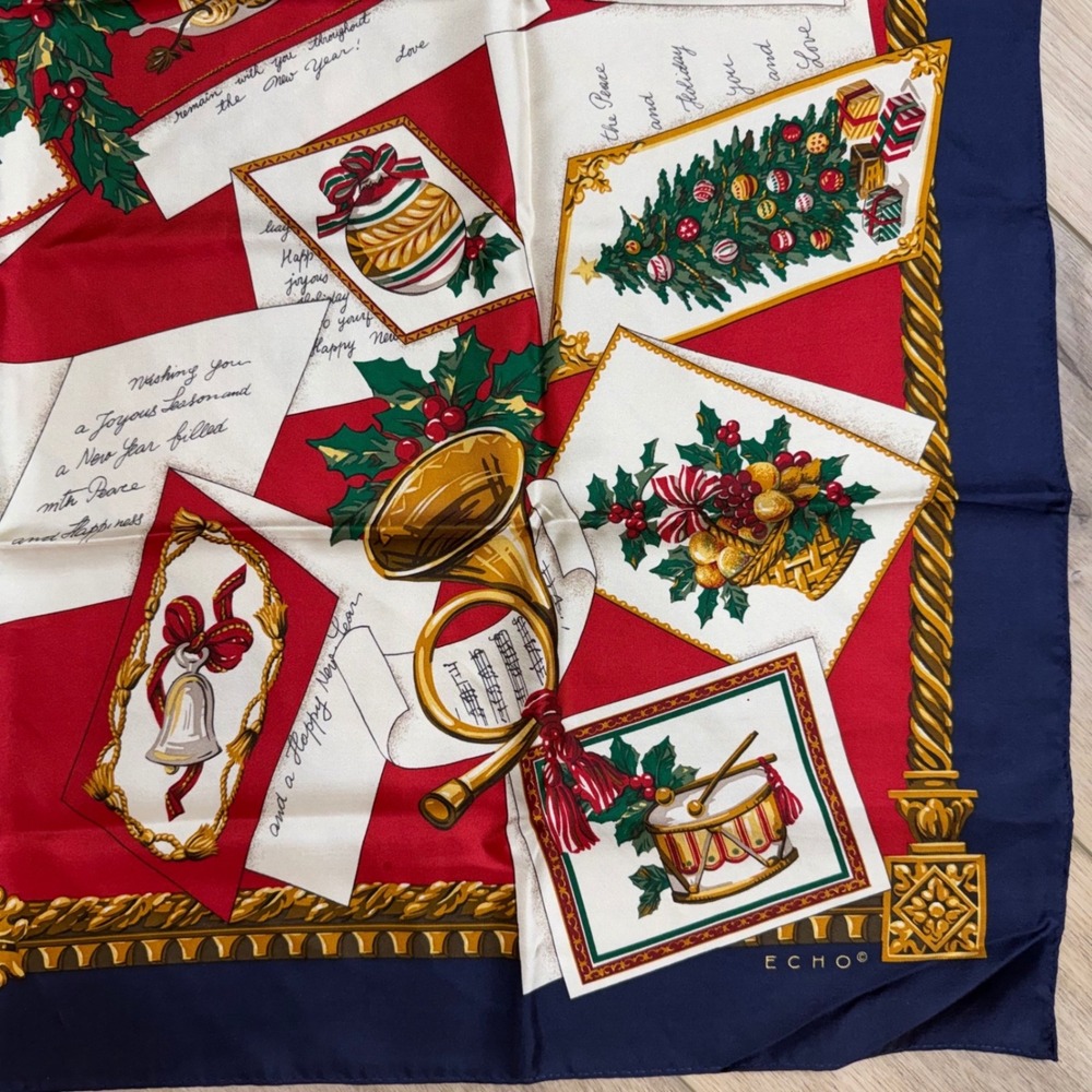 Echo Silk Scarf Christmas Card Novelty Print Red Navy Blue‎ Gold Square Vintage